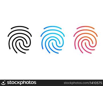 Fingerprint set icon in black, blue and orange design. Identity with thumbprint access. Press or touch thumbprint protection. Scan of unique isolated symbol. Security and identity. Vector EPS 10