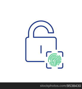 Fingerprint with open lock. Cyber Security, Identity Information, Network Protection. Fingerprint Scan for Unlock Privacy Information. Personal Protect, Security Icon. Vector illustration.. Fingerprint with open lock. Cyber Security, Identity Information, Network Protection. Fingerprint Scan for Unlock Privacy Information. Personal Protect, Security Icon. Vector illustration