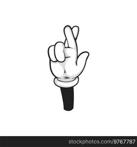 Fingers crossed emoji icon isolated cartoon arm hand in glove. Vector luck, lie, superstition hand gesture with middle and index fingers crossed. Hope and honesty sign, success and honesty sign. Crossed middle and index fingers hand gesture icon