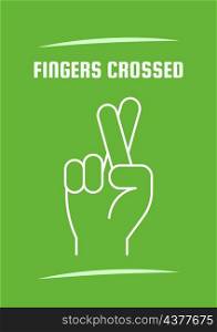 Fingers crossed green postcard with linear glyph icon. Encouraging words. Greeting card with decorative vector design. Simple style poster with creative lineart illustration. Flyer with holiday wish. Fingers crossed green postcard with linear glyph icon