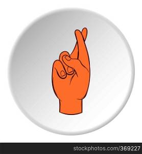 Fingers crossed icon in cartoon style on white circle background. Gestural symbol vector illustration. Fingers crossed icon, cartoon style