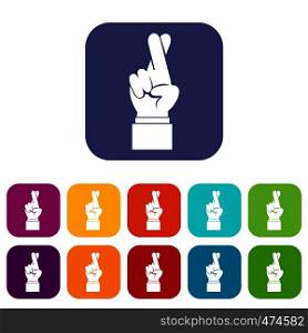 Fingers crossed icons set vector illustration in flat style In colors red, blue, green and other. Fingers crossed icons set