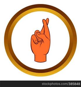 Fingers crossed vector icon in golden circle, cartoon style isolated on white background. Fingers crossed vector icon, cartoon style