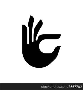 Fingers holding small item black glyph icon. Demonstration of hand gesture. Interaction sign. Communication way. Silhouette symbol on white space. Solid pictogram. Vector isolated illustration. Fingers holding small item black glyph icon