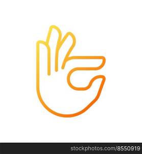 Fingers holding small item pixel perfect gradient linear vector icon. Hand gesture. Interaction sign. Thin line color symbol. Modern style pictogram. Vector isolated outline drawing. Fingers holding small item pixel perfect gradient linear vector icon