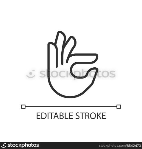 Fingers holding small item pixel perfect linear icon. Hand gesture. Interaction sign. Thin line illustration. Contour symbol. Vector outline drawing. Editable stroke. Arial font used. Fingers holding small item pixel perfect linear icon