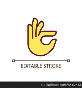 Fingers holding small item pixel perfect RGB color icon. Hand gesture. Interaction process. Isolated vector illustration. Simple filled line drawing. Editable stroke. Arial font used. Fingers holding small item pixel perfect RGB color icon