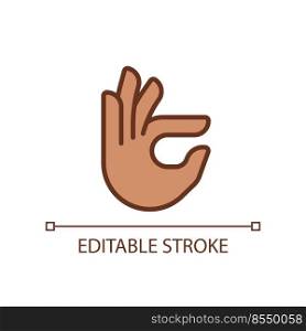 Fingers holding small item pixel perfect RGB color icon. Hand gesture. Interaction process. Isolated vector illustration. Simple filled line drawing. Editable stroke. Arial font used. Fingers holding small item pixel perfect RGB color icon