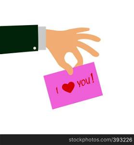 fingers of the hand holding a pink sheet with the words I love you, flat design