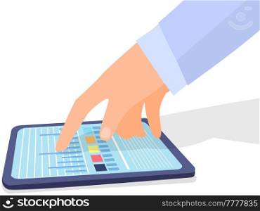 Fingers touching tablet with diagram color table and lines on screen. Modern tool on white background. Information analysis equipment for business meeting in office. Vector illustration digital device. Fingers touching tablet with diagram color table and lines on screen. Modern digital device