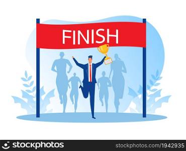Finish Business, businessman win with trophy award cup successful concept vector illustrator