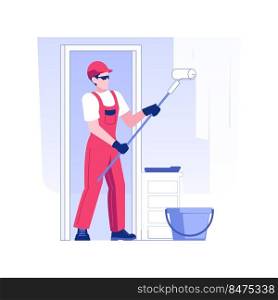 Finish coat isolated concept vector illustration. Smiling repairman applying a paint on the walls, rough interior works, private house building, construction process vector concept.. Finish coat isolated concept vector illustration.