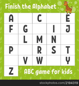 Finish the alphabet. ABC game for kids. Education developing worksheet. Learning game for kids. Color activity page.