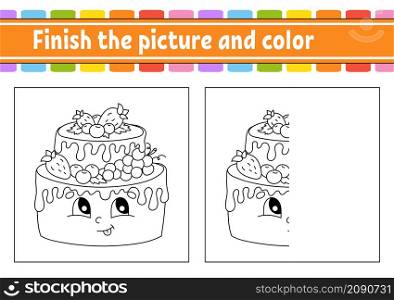 Finish the picture and color. Cartoon character isolated on white background. For kids education. Activity worksheet.