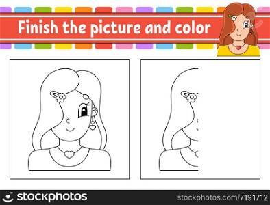 Finish the picture and color. Cartoon character isolated on white background. For kids education. Activity worksheet.. Finish the picture and color. Beautiful cute fashionable girl with jewelry. Cartoon character isolated on white background. For kids education. Activity worksheet.