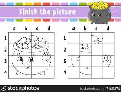 Finish the picture. Coloring book pages for kids. Education developing worksheet. Pot of gold. Handwriting practice. Cartoon character. Vector illustration.