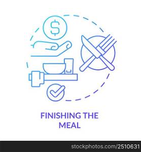 Finishing meal blue gradient concept icon. Place knife and fork properly. Restaurant etiquette abstract idea thin line illustration. Isolated outline drawing. Myriad Pro-Bold font used. Finishing meal blue gradient concept icon