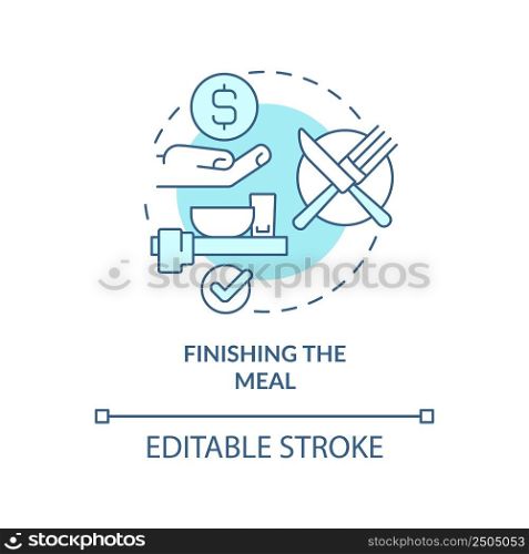 Finishing meal turquoise concept icon. Place cutlery properly. Restaurant etiquette abstract idea thin line illustration. Isolated outline drawing. Editable stroke. Arial, Myriad Pro-Bold fonts used. Finishing meal turquoise concept icon