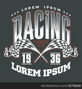 Finishing Racing Flags. Finish checkered flags illustration and typography. Motorsport competition apparel print