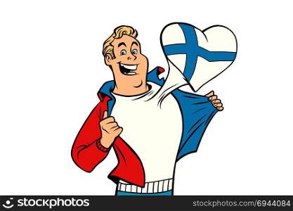 Finland patriot man isolated on white background. Comic cartoon style pop art illustration vector retro. Finland patriot man isolated on white background