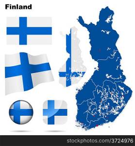 Finland vector set. Detailed country shape with region borders, flags and icons isolated on white background.