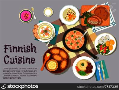 Finnish family sunday breakfast icon with flat symbols of creamy sausage sauce, meatballs with mashed potato, pickled herring with boiled potatoes and vegetable salad, karelian rice pies with egg butter, fish pie in rye bread, salmon soup, bread cheese and whipped lingonberry porridge. Sunday breakfast dishes of finnish cuisine icon