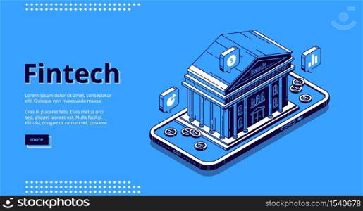 Fintech banner. Financial technologies, digital solutions for banking business. Vector landing page of software and mobile application for finance services with isometric illustration of bank building. Landing page of financial technologies, fintech