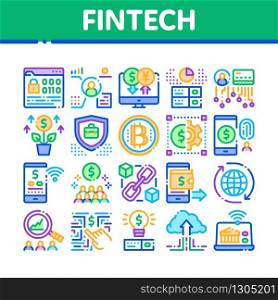 Fintech Innovation Collection Icons Set Vector. Bitcoin Financial Technology, Binary Code And Electronic Exchange, Wifi Smartphone Fintech Concept Linear Pictograms. Color Illustrations. Fintech Innovation Collection Icons Set Vector