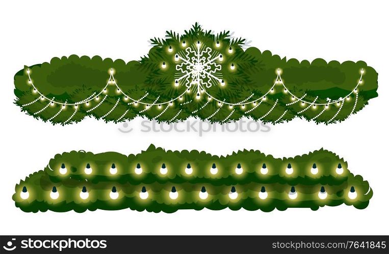 Fir branch with garland and ball for Christmas decoration. Winter green pine with light-bulb, snowflake symbol. Xmas celebration object with light, twig traditional sign for New Year holiday vector. Winter Decoration, Fir Branch with Light Vector