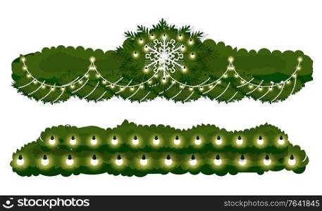 Fir branch with garland and ball for Christmas decoration. Winter green pine with light-bulb, snowflake symbol. Xmas celebration object with light, twig traditional sign for New Year holiday vector. Winter Decoration, Fir Branch with Light Vector