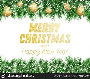 Fir Branch with Golden Christmas Balls and Snow Isolated on White Background. Vector illustration.