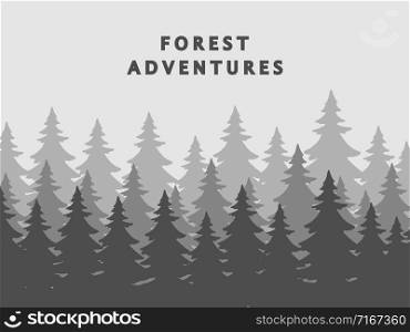 Fir forest silhouettes vector background in mist. Forest silhouette scene, natural wood, coniferous pine illustration. Fir forest silhouettes vector background in mist