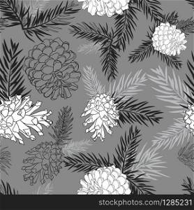 Fir tree branches with pine cone seamless background Black and white silhouette on gray background. Vector illustrations. Fir tree branches with pine cone seamless background on gray