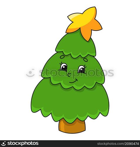 Fir tree. Cartoon character. Colorful vector illustration. Isolated on white background. Design element. Template for your design, books, stickers, cards.