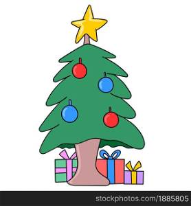 fir tree decorated with Christmas knick-knacks. vector illustration of cartoon doodle sticker draw