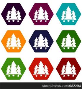 Fir tree icons 9 set coloful isolated on white for web. Fir tree icons set 9 vector