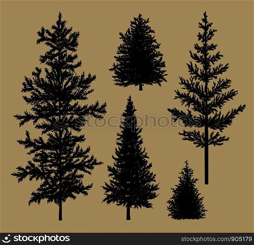 Fir tree silhouette on brown paper background vector illustration