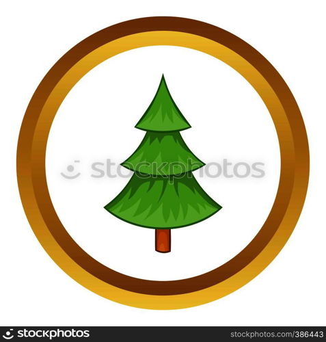 Fir tree vector icon in golden circle, cartoon style isolated on white background. Fir tree vector icon