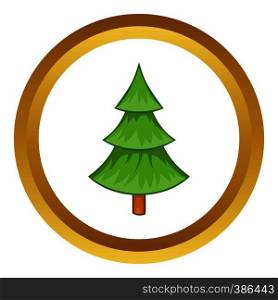Fir tree vector icon in golden circle, cartoon style isolated on white background. Fir tree vector icon