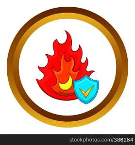 Fire and sky blue shield with tick vector icon in golden circle, cartoon style isolated on white background. Fire and sky blue shield with tick vector icon