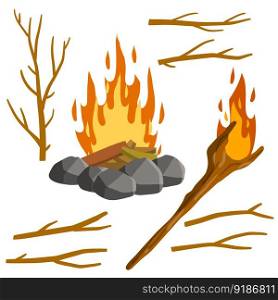 Fire and torch. Set of tree branches. Burning sticks. Campfire and objects of primitive man. Stones and wood. Cartoon flat illustration. Fire and torch. Set of tree branches.