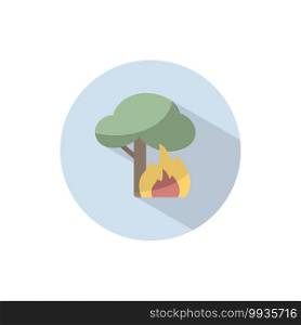 Fire and tree. Flat color icon on a circle. Weather vector illustration