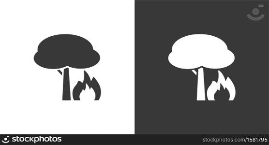 Fire and tree. Isolated icon on black and white background. Weather glyph vector illustration