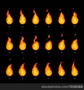 Fire animation. Flaming flame, fiery blaze and animated blazing fire flames storyboard for game development. Ignition force motion cartoon isolated vector animations frames. Fire animation. Flaming flame, fiery blaze and animated blazing fire flames isolated vector animations frames