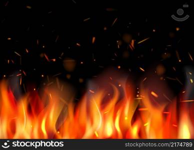 Fire background. Burning flame particles different glowing sparks decent vector illustrations fire place for relax time. Flame heat, bonfire energy hot. Fire background. Burning flame particles different glowing sparks decent vector illustrations fire place for relax time