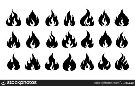 Fire black icon. Flame heat. Burning campfire and bonfire. Blaze web logo. Hot and flammable warning contour sign. Ignition and combustion elements. Vector isolated flaming silhouette symbols set. Fire black icon. Flame heat. Burning campfire and bonfire. Blaze logo. Hot and flammable warning contour sign. Ignition and combustion elements. Vector flaming silhouette symbols set