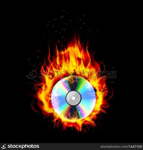 Fire burning CD on black background. vector