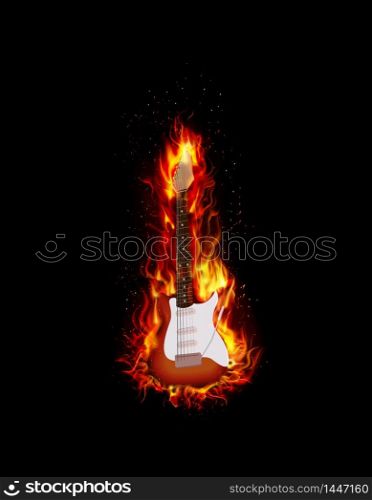 Fire burning guitar on black background. vector