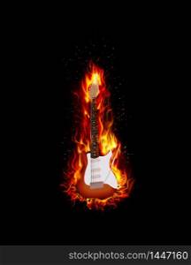 Fire burning guitar on black background. vector