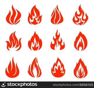 Fire, c&fire vector icons, torch flame, red burning bonfire blaze symbols. Glowing shining flare with long waving tongues. Decorative elements for design, cartoon ignition fire tongues isolated set. Fire, c&fire or torch flame vector icons set